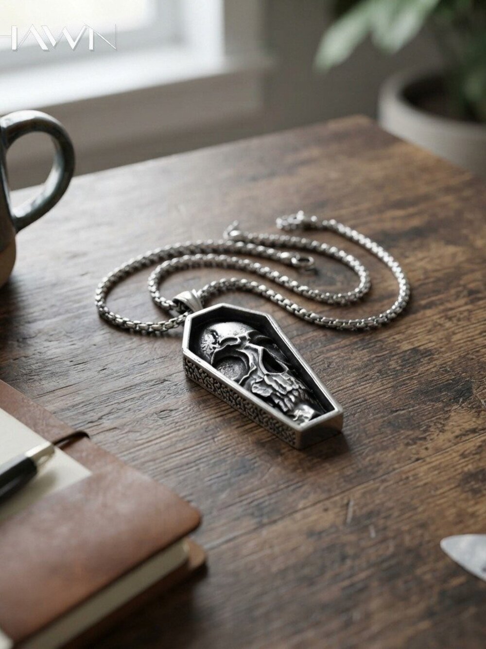 Mens Coffin Skull Pendant Necklace